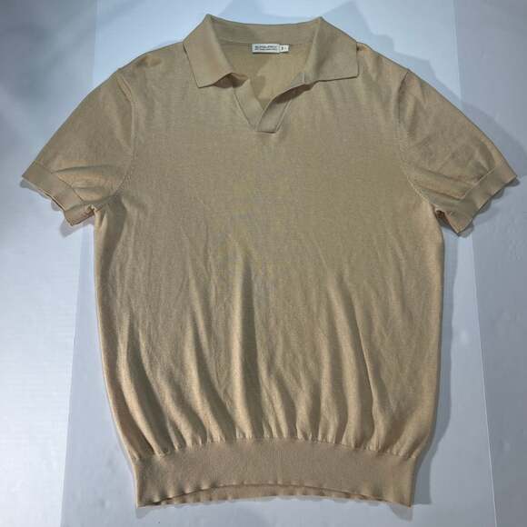 SUITSUPPLY Silk Wool Cashmere Short Sleeve Johnny Collar Polo Tan Large - Picture 3 of 7
